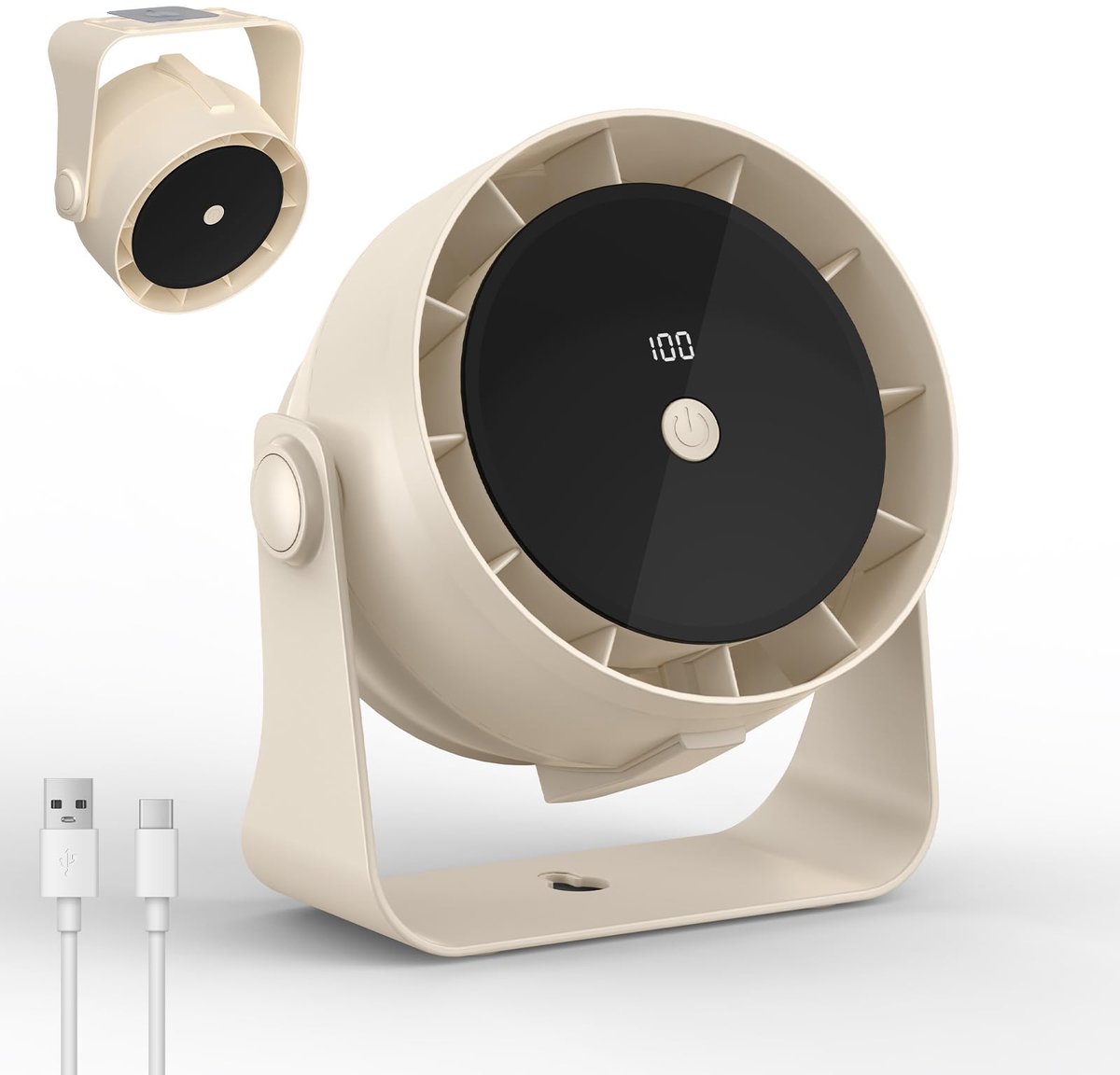 SnelShoppen - Stille mini burea ventilator oplaadbaar met 4000mAh accu, 360° verstelbaar, LED-scherm, 100 snelheden, draagbare tafelventilator voor sl