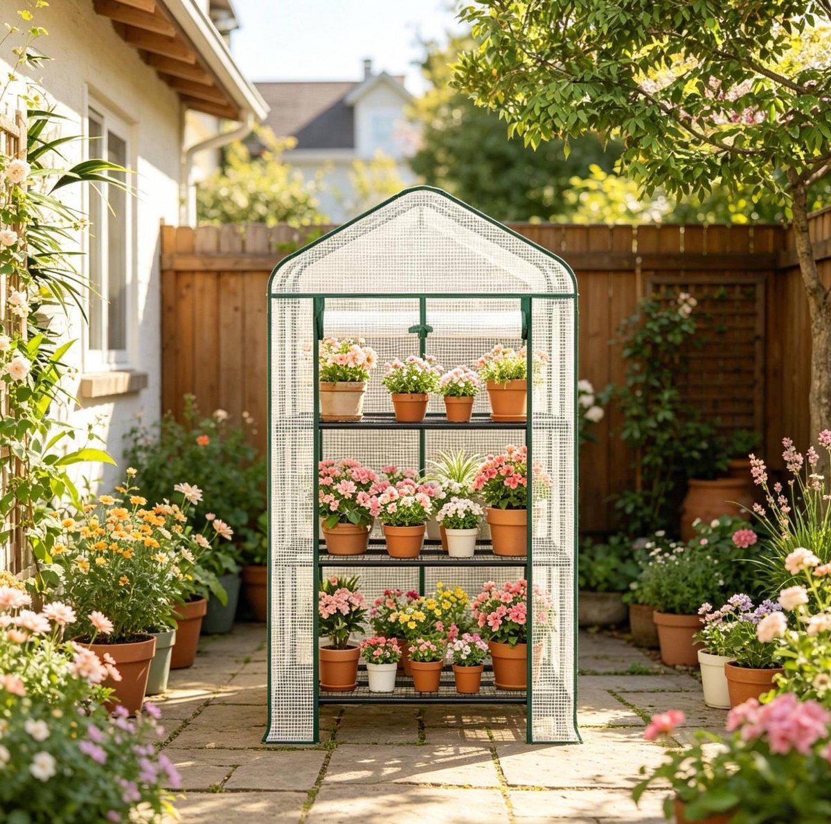 HAUSS SPOLE Tomatenkas – 70 x 50 x 130 cm – Met Wielen En 3 Rekken – Polyetheen En Staal – Wit – Voor Balkon Terras Tuin