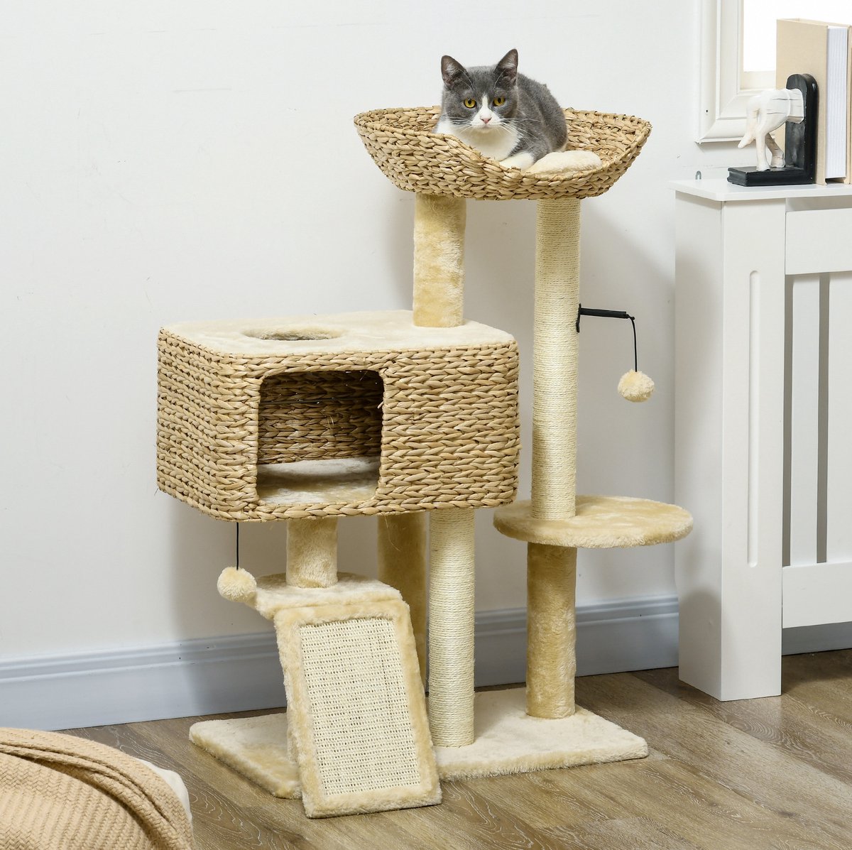 MIVRAY Kattenkrabpaal 98 Cm Met 2 Ligplekken En Kattenhuisje, Sisal Krabpalen, Pluche, Beige Voor Spelen En Rusten