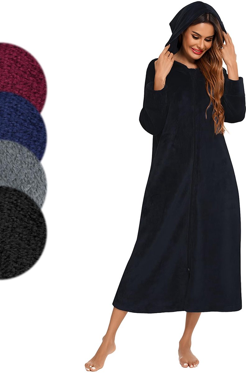 SnelShoppen - Figarge Badjas voor Dames en Heren met Ritssluiting en Capuchon, Lange Flanellen Badjas met Voorzakken, Zwart, XL, Perfect voor Saunabez