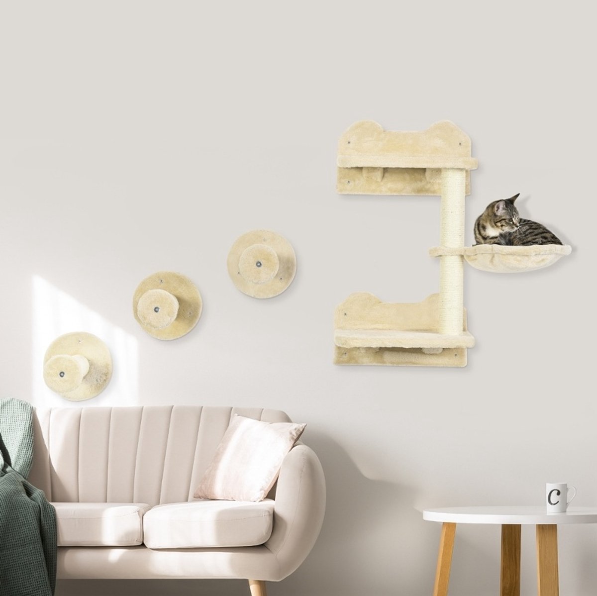 MIVRAY Katten Klimmuur - Met Krabpaal, Hangmat En 3 Wandstappen - 73 Cm Hoog - Pluche - Beige - Wandmontage En Krabplezier