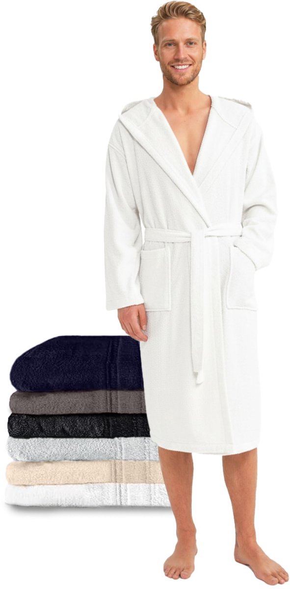SnelShoppen - Herenbadjas XL Wit 100% Oeko-Tex Katoen, Luxe Badjas voor Thuis, Wellness, Sauna, Slapen, Ontspanning, Perfect voor Koudere Dagen