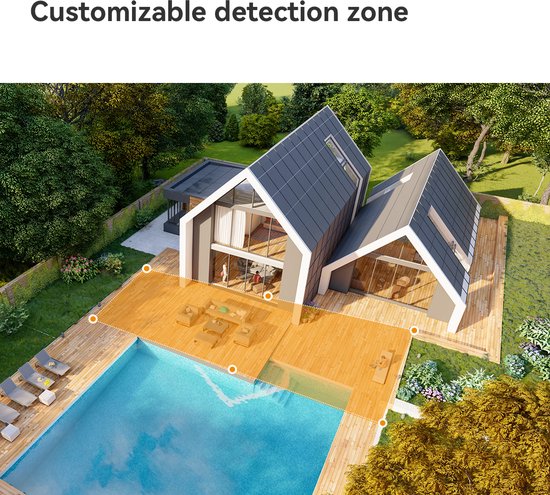 Luchtfoto van een huis met zwembad en tuin, met een oranje gedefinieerd detectiegebied over het terras.