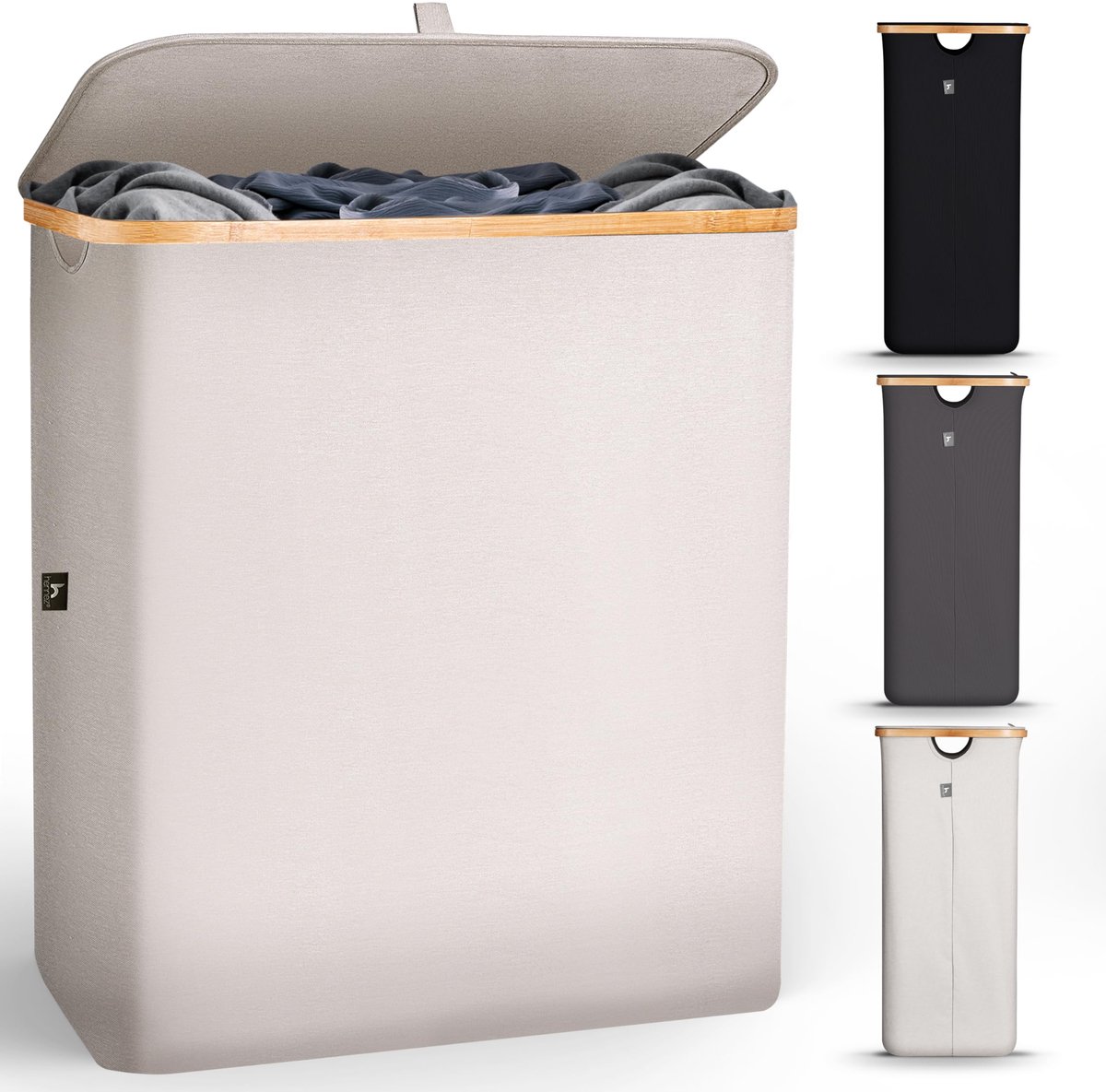 SnelShoppen - Grote Wasmand met Deksel, 140L Opvouwbare Waszak met 2 Vakken en Handvatten | Moderne Beige Wasverzamelaar voor Badkamer en Slaapkamer |