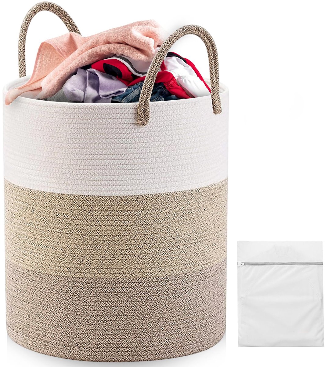 SnelShoppen - Katoenen wasmand 58L met 2 waszakken, versterkte handvatten, multifunctioneel voor wasgoed, speelgoed en dekens (Wit/Beige/Bruin)