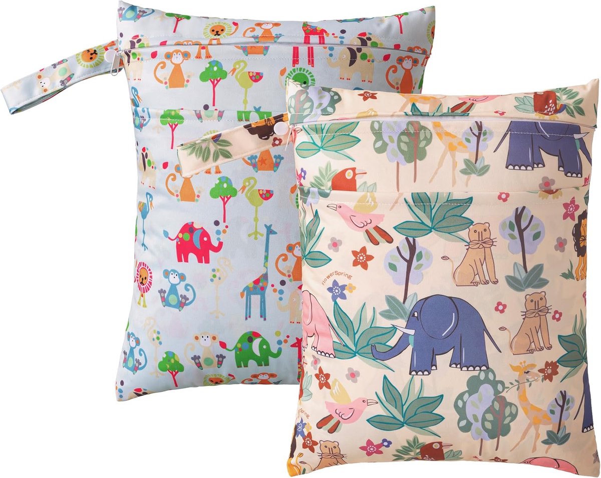 Set van 2 Jungle Dieren Print Baby Luierzakken 30×36cm | Dubbele Rits Waterafstotende Opbergtassen voor Luiers & Natte Kleding