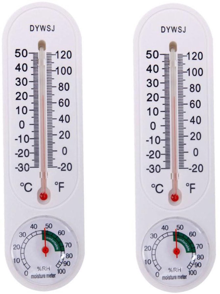 thermometer - thermometer binnen - Buitenthermometers - binnen/buiten - Wand thermo-hygrometer - Luchtvochtigheidsmeter - set 2 stuks- 22.5x6.5cm - wit - voor tuin, broeikas, kelder en woonruimtes