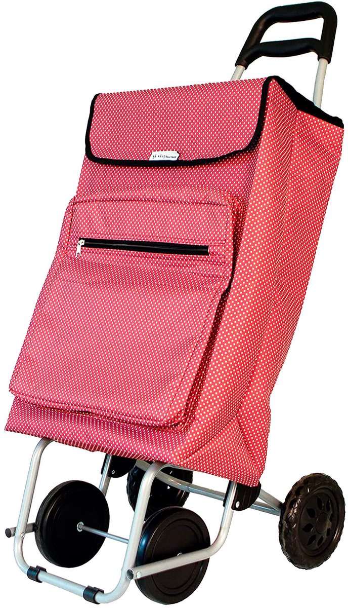 SnelShoppen - 4-wielige boodschappenwagen met extern vriesvak - 48 liter inhoud - Maximaal draagvermogen 15 kg - Rood met witte stippen - Ideaal voor