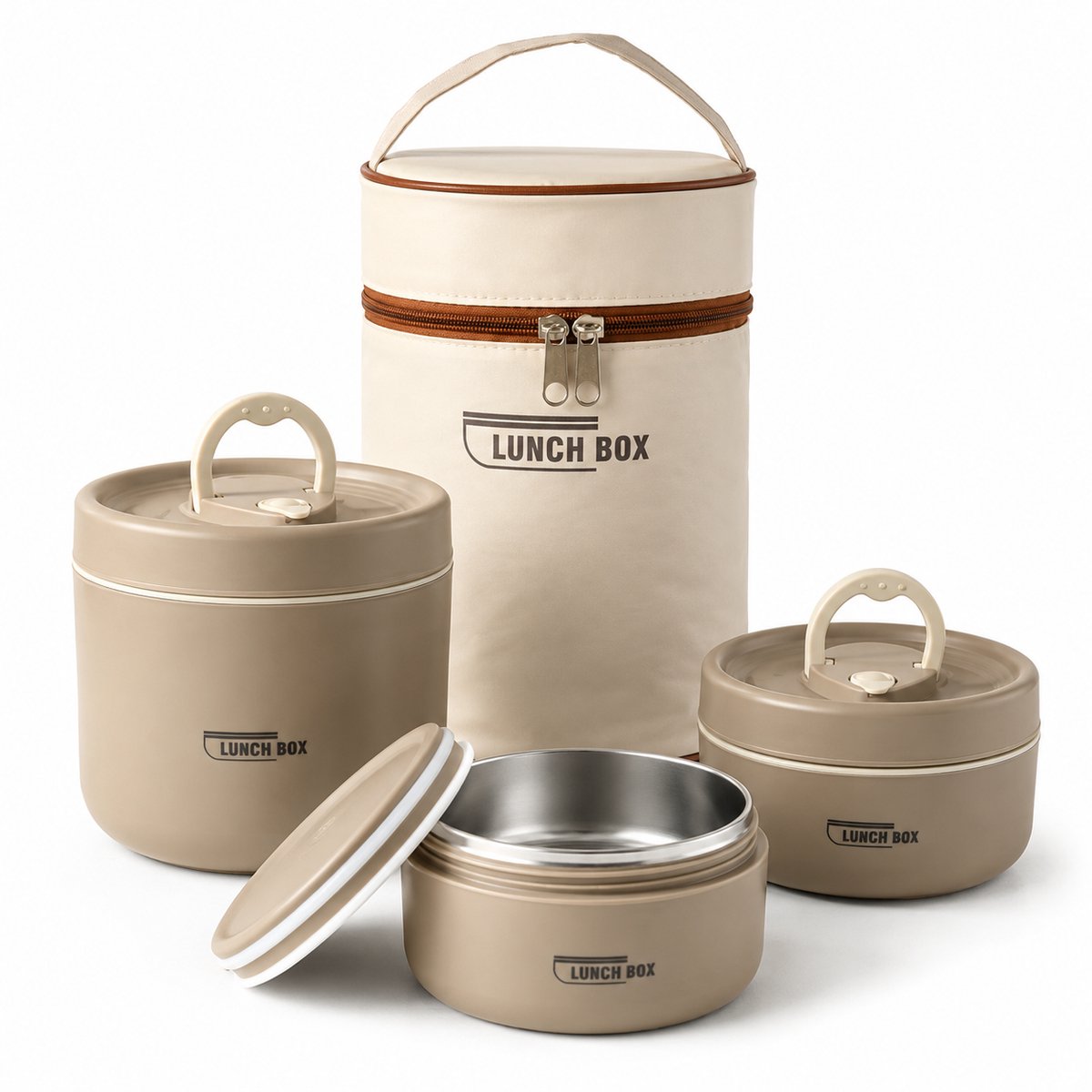 Bobypet - Bento Lunchbox Set met Bestek en Geïsoleerde Tas – 3 Stapelbare RVS Bakjes 1480 ml – Lekvrij en Vaatwasserbestendig – Voor Werk en School
