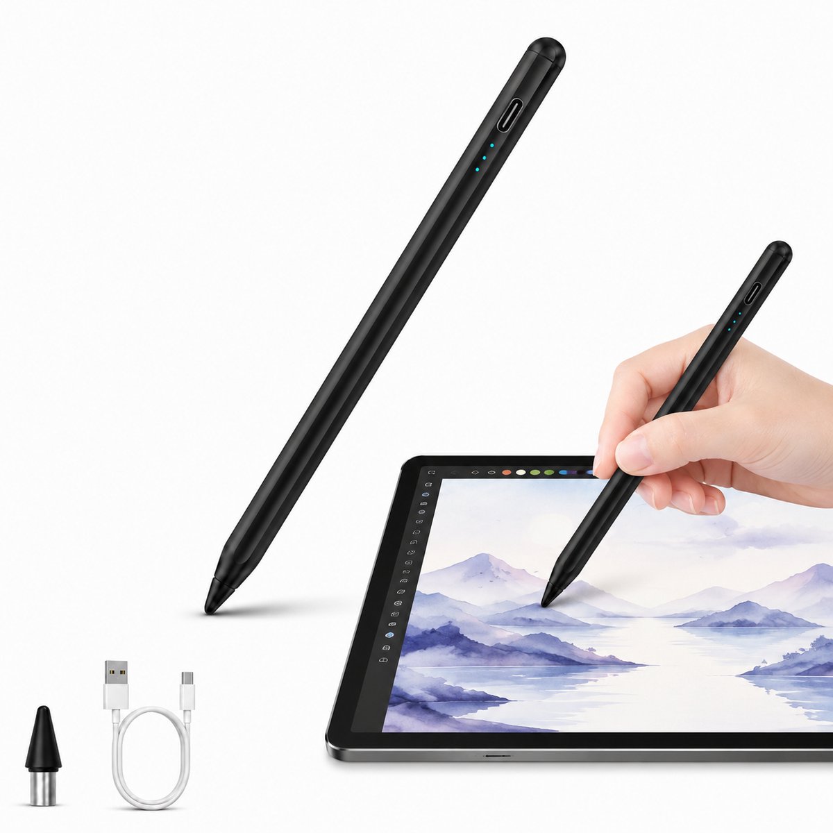 Stylus Pen - Tablet Pen voor Tablet en Smartphone - 2-in-1 Active Touch Pen - USB-C Snelladen 60 Min - Magnetisch - 6-8 Uur Gebruik - Zwart