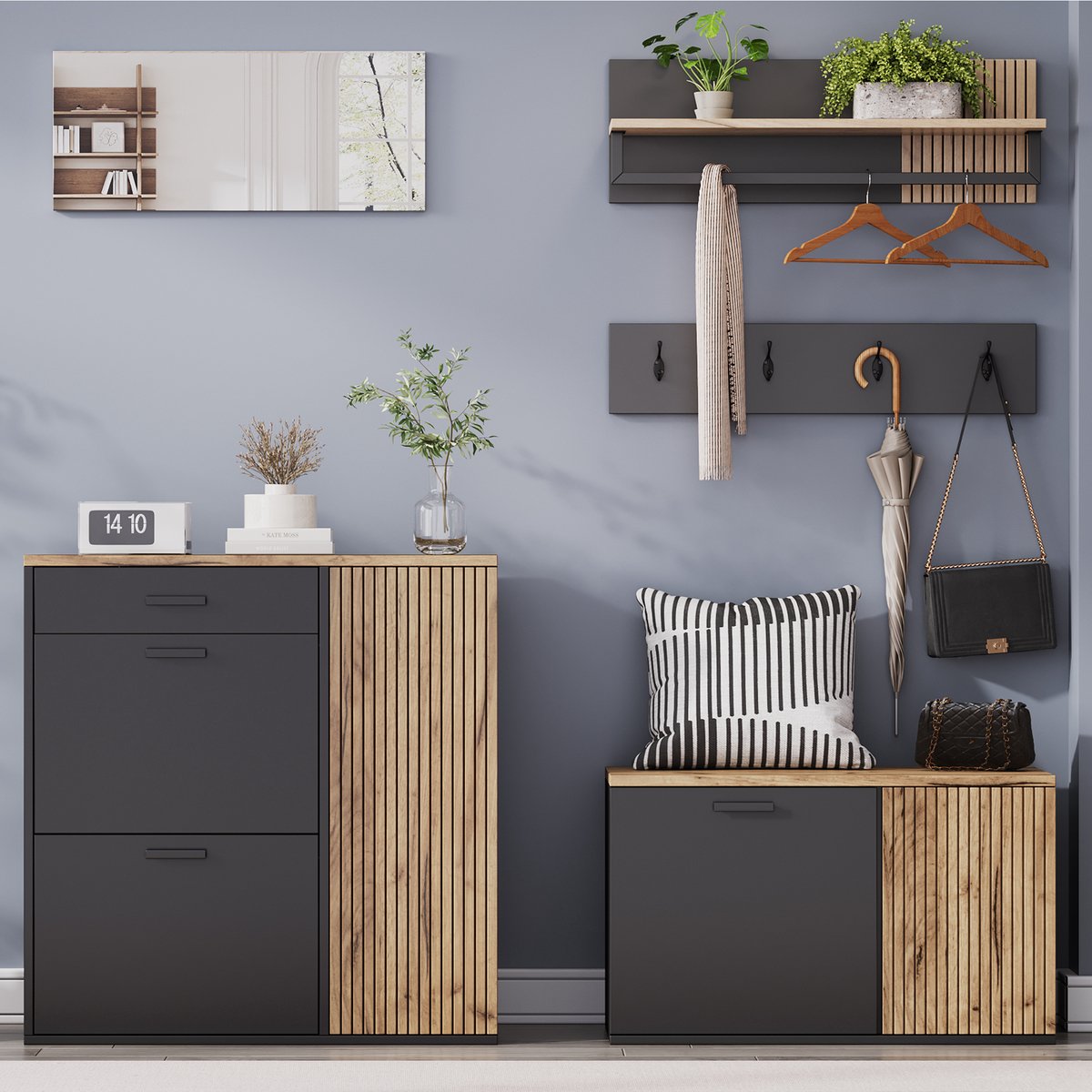 kledingkast - commode - spiegel - 2 schoenkasten - zonder decoratie - kapstok met spiegel - hoedenplank met 4 haken - schoenkast met schoenenbankje - hal met opbergruimte