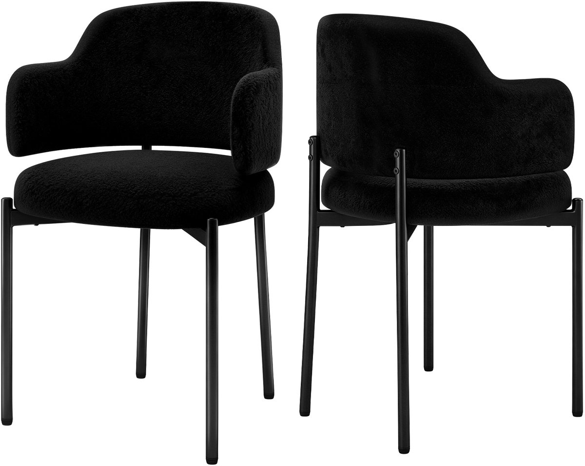 Puluomis - Eetkamerstoelen - Set van 2 - Teddy Fleece - Metalen poten - Gevoerde zitkussens - Gebogen rugleuning armleuning - Zwart