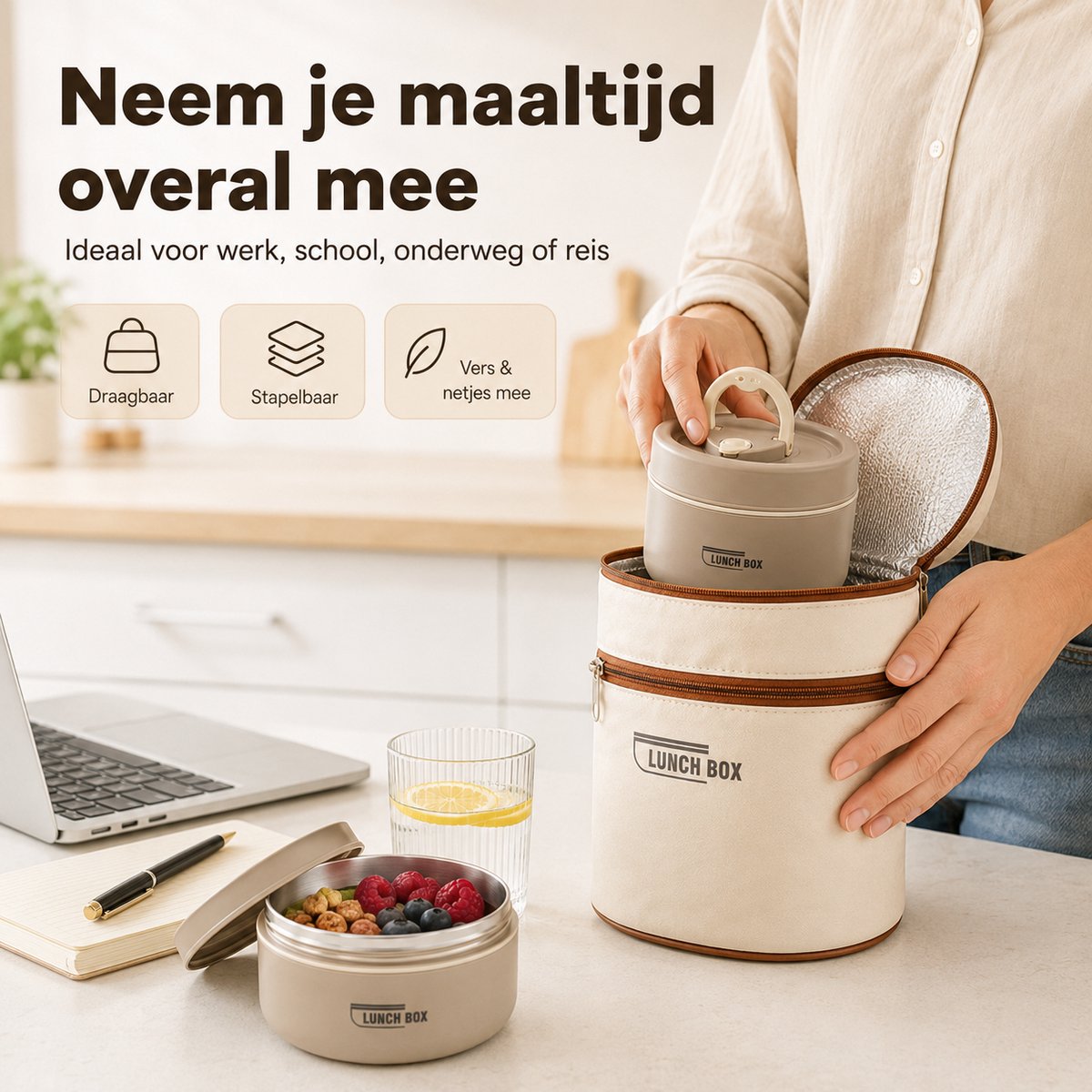 Bobypet - Bento Lunchbox Set met Bestek en Geïsoleerde Tas – 3 Stapelbare RVS Bakjes 1480 ml – Lekvrij en Vaatwasserbestendig – Voor Werk en School — cadeau in Koken & Dineren - foto 2