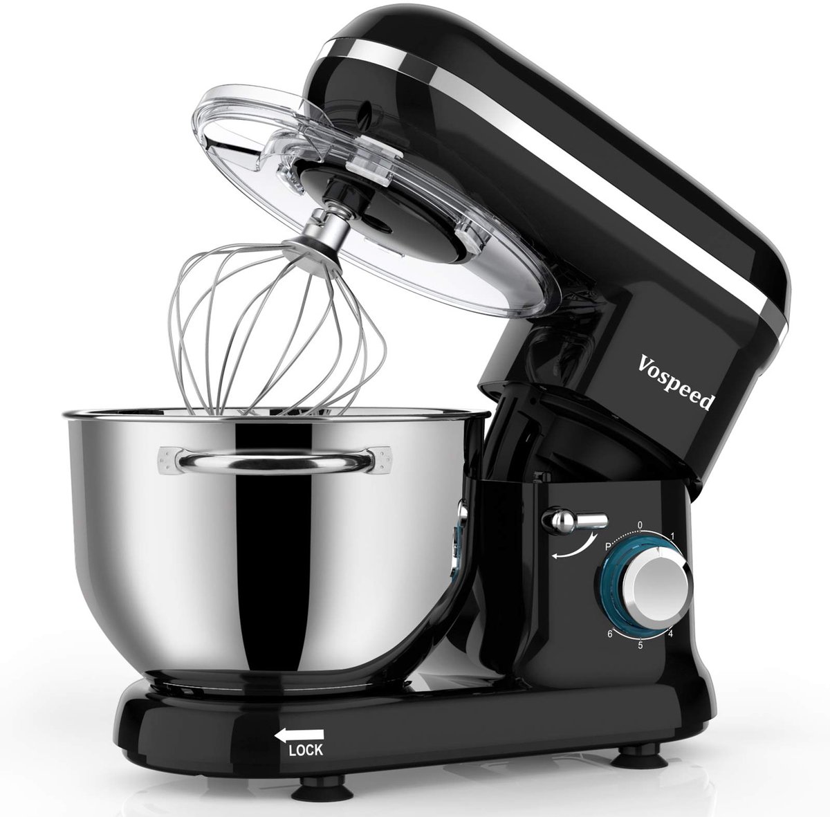 SnelShoppen - Keukenmachine Kneedmachine 1500W, 6-snelheden Mixer met 6,2QT Kom, Klopper, Haak, Garde, Eierscheider in Zwart voor Bakken en Koken