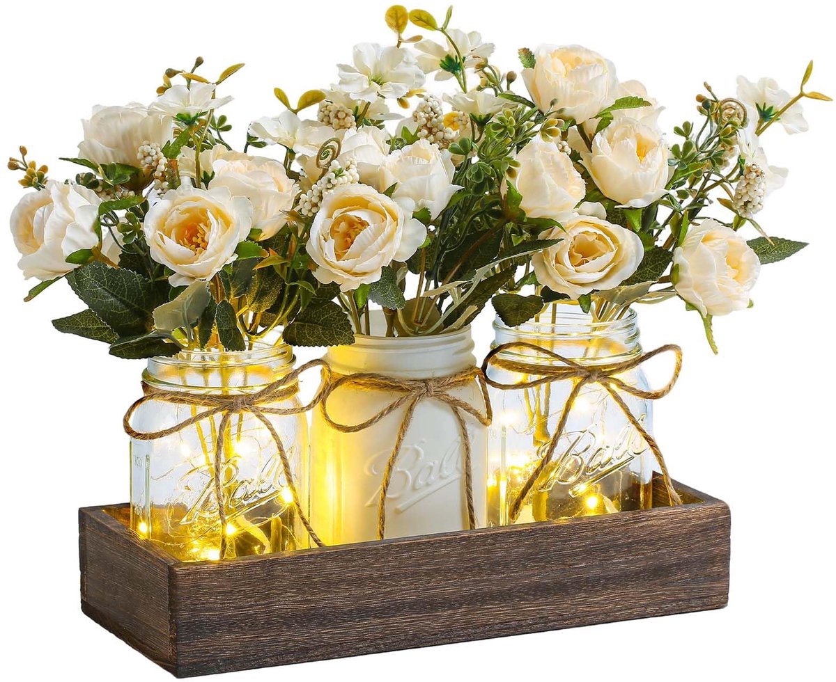 Landelijk LED glazen pot tafeldecoratieset van 3 stuks – houten bak met kunstrozen en zomerbloemen – handgemaakte bloemdecoratie voor eettafel, woonkamer en bruiloft, landelijke stijl in oranje en wit