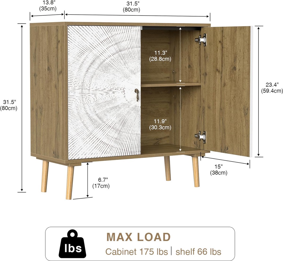 SnelShoppen - Vintage Dressoir Gesneden Keukenkast Houten Opbergkast 80x35x80 cm met Verstelbare Plank en Massief Houten Poten voor Woonkamer, Eetkame