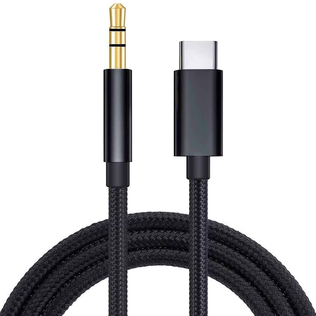 Nereb - USB-C naar 3.5 mm Jack Kabel – AUX Audio Kabel – Voor Auto, Koptelefoon & Speaker – 1.25m – Zwart Gevlochten