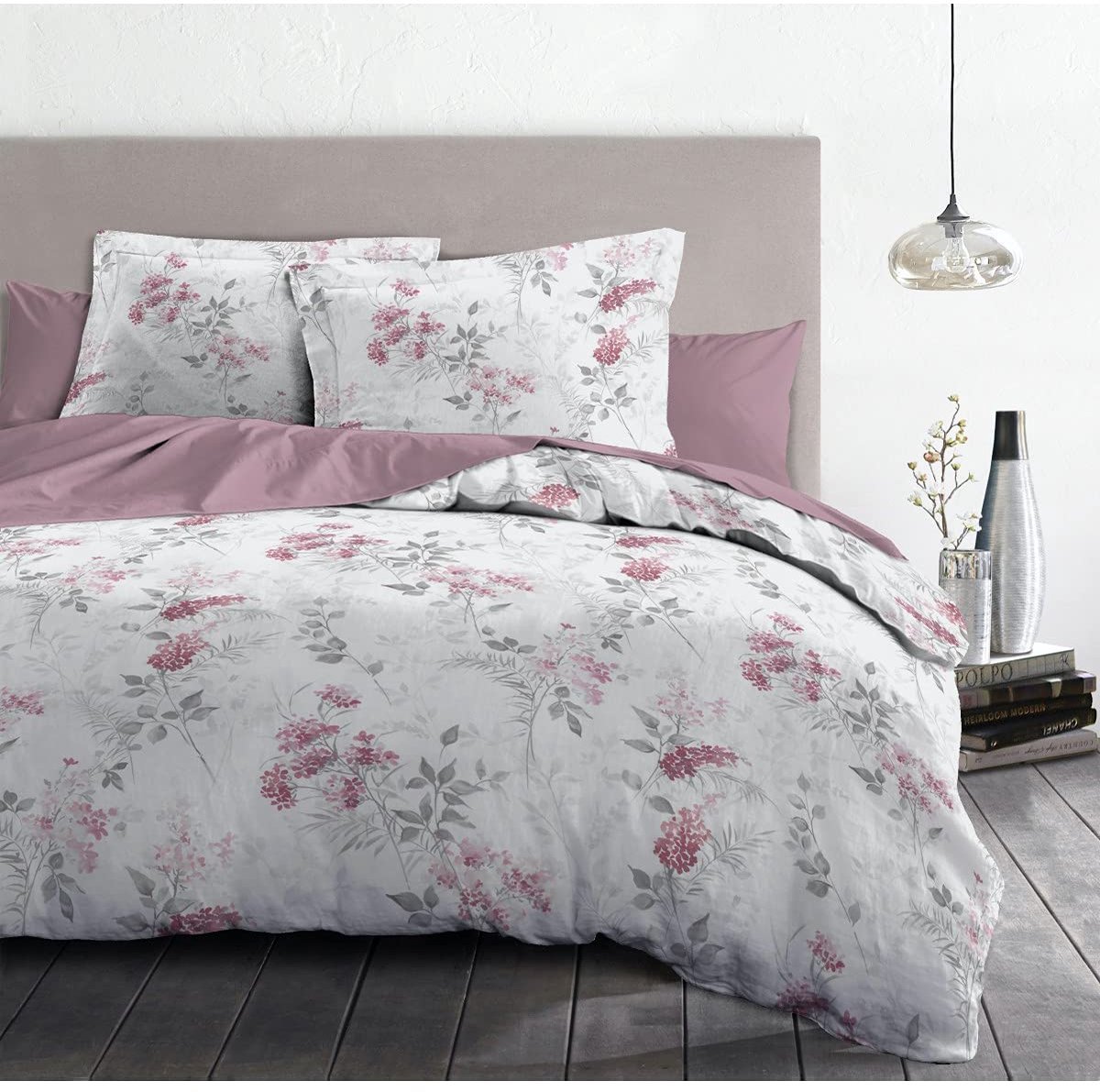 SnelShoppen - Dekbedovertrek 3-delig 220x240 cm voor 2 Personen, 100% Katoen, 57 Draden, Pompadour Wit en Oudroze, Luxe Beddengoedset voor Slaapkamer