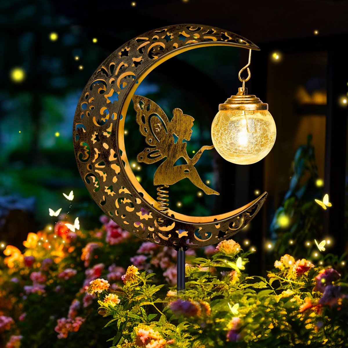 SnelShoppen - Caldarax Zonnelampen voor Tuin - IP65 Waterdichte Decoratie met Maan en Glazen Bol - LED Tuinverlichting voor Buiten, Terras, Balkon en