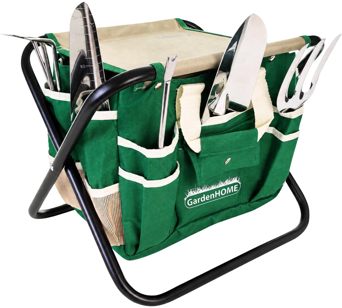 SnelShoppen - Tuingereedschapsset 7-Delig, Roestvrijstalen Tuinwerkset met Zware Opvouwbare Kruk en Canvas Draagtas - Ideaal voor Tuinieren, Camping e