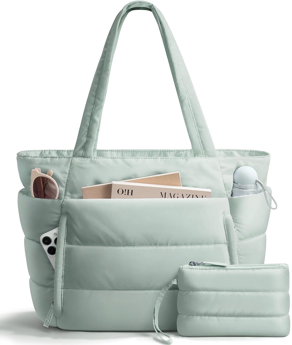 Puffer Tote Bag voor Dames - Lichtgewicht Donzige Schouderhandtas - Met Afneembaar Klein Tasje & Handig Laptopvak - Incl. Trolley Sleeve voor Reizen - Voor Kantoor, Woon-werkverkeer & Dagelijks Gebruik - Groen