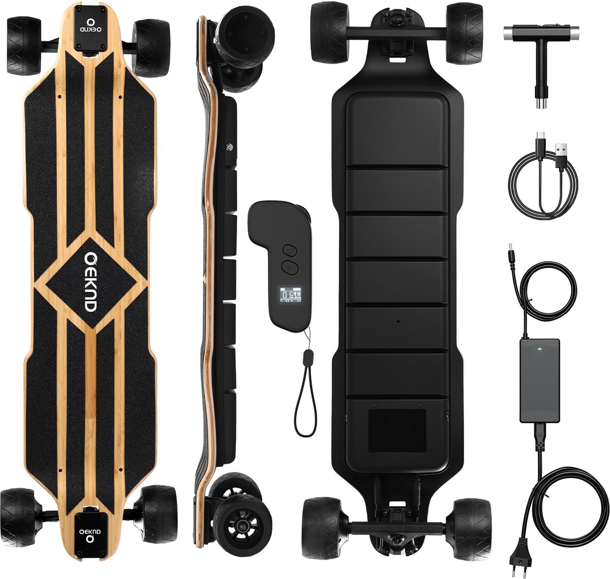 Qekud V2 Elektrisch Longboard – 90 km bereik 45 km/h 1200W dubbele naafmotoren 648Wh accu bamboe deck – ideaal voor woon-werk en avontuur Zwart