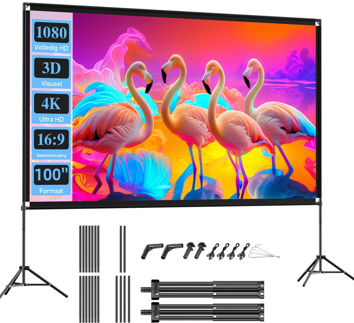 SnelShoppen - VISULAPEX Projectiescherm met Statief 100 Inch Draagbaar 16:9 4K HD Opvouwbaar Scherm voor Binnen en Buiten - Thuisbioscoop Tuinbioscoop