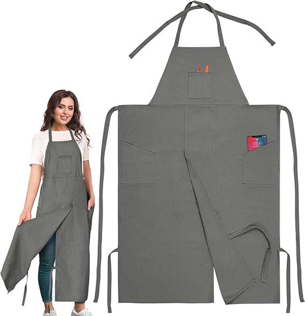 Gesplitste Benen Pottenbak Schort met Meerdere Zakken - Verstelbare Canvas Werk Schort - Vlekbestendig Kunstenaars Schort voor Schilderen, Pottenbakken, Koken en Tuinieren