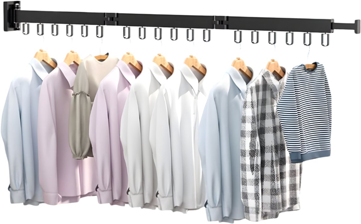 Ploutos® Wanddroogrek Inklapbaar - Wanddroogrek - Wandafdruiprek - 18 Opklapbare Haken En Handdoekhouder - Zwart - 120cm x 30cm x 90cm