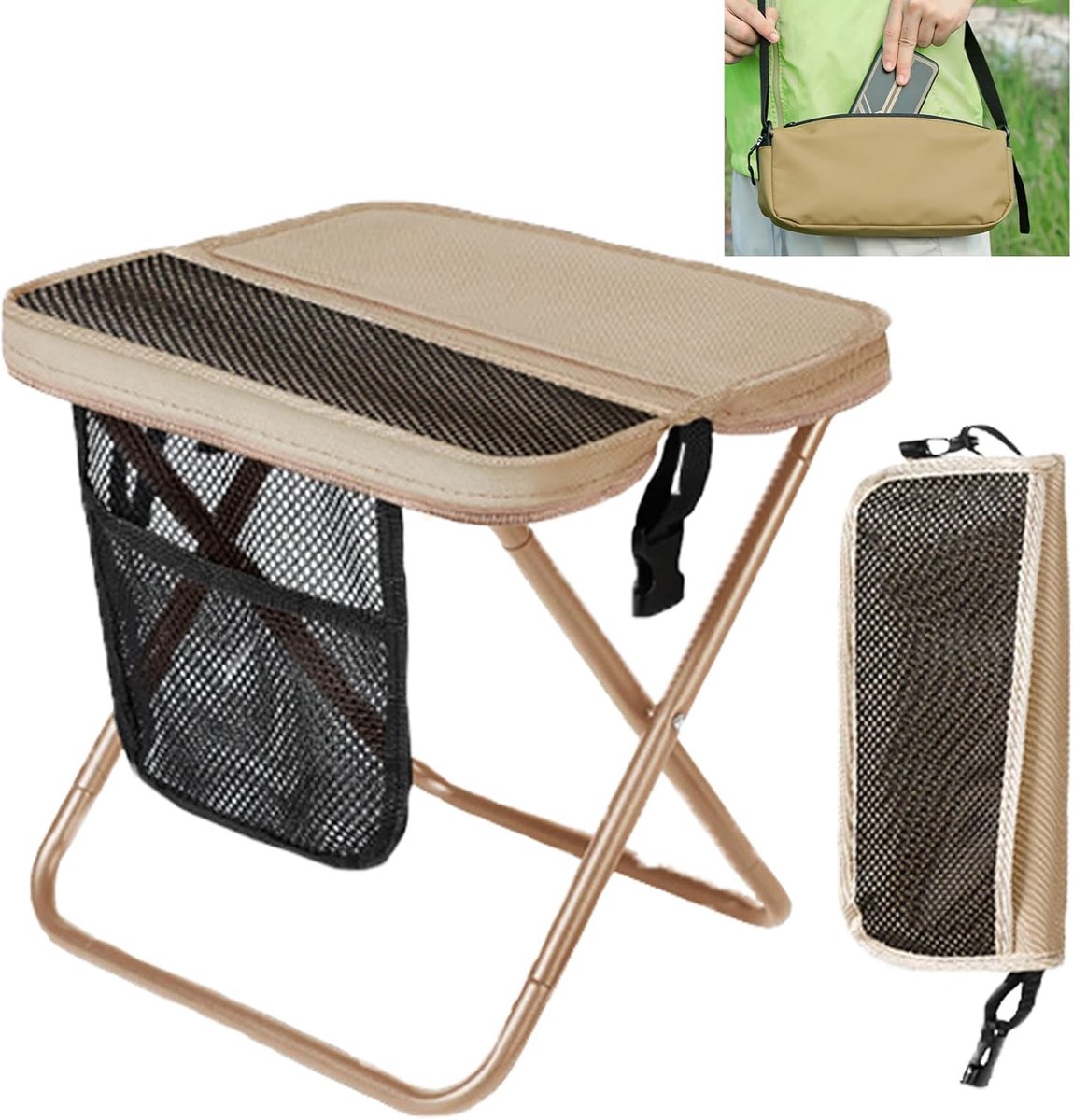 Bobypet - Campingkruk - opvouwbare buitenkruk – Ultralichte - opvouwbare rugzak-kruk inclusief tas en draagriem voor trekking, reizen, vissen, festivals en tuinieren (Khaki)