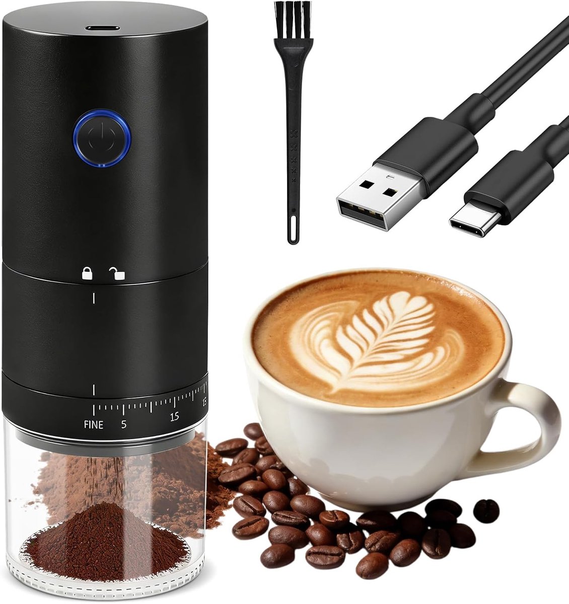 Bobypet - Elektrische koffiemolen, kleine draagbare koffiemolen, oplaadbaar, oplaadbare koffiemolen met keramisch maalwerk, 38 instelbare standen, espressomolen voor op reis, tijdens het kamperen of op kantoor
