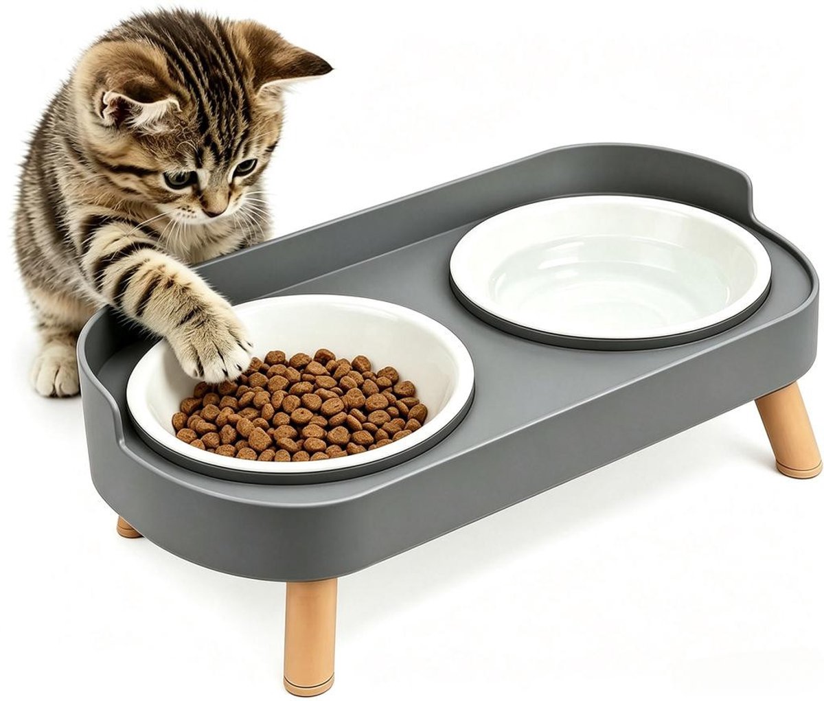 KZQ Kattenbak - Dubbellaagse roestvrijstalen kattenbak - Met standaard en spatdeksel - Grote antislip voerbak - Geschikt voor katten en kleine honden - 32.5 × 17 × 10cm - Kunststof uitvoering