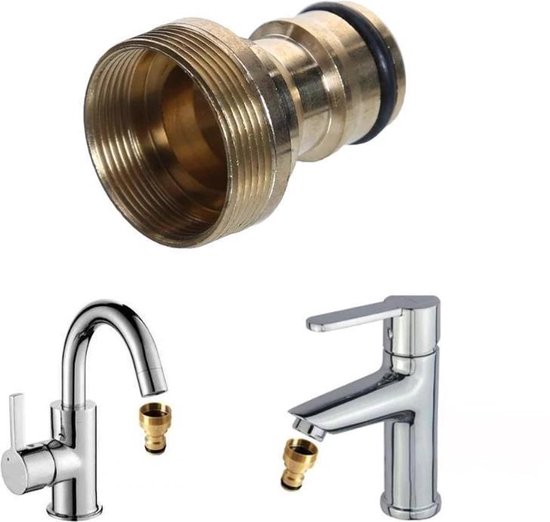 Messing kraanadapter met schroefdraad, met twee chroom kranen aan de onderkant.