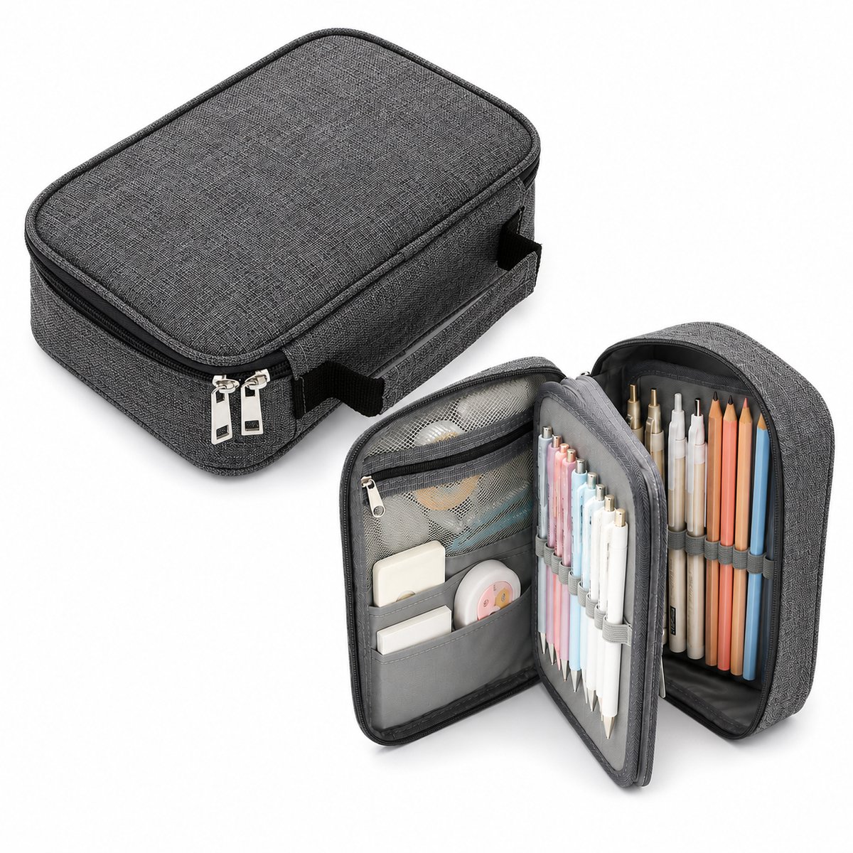 VHV - Etui – Extra Groot Etui 72 Vakken – Pennenetui met 3 Lagen en 2 Uitneembare Panelen – Voor School, Tekenen, Knutselen en Kantoor – 23x16x6.5cm – Grijs