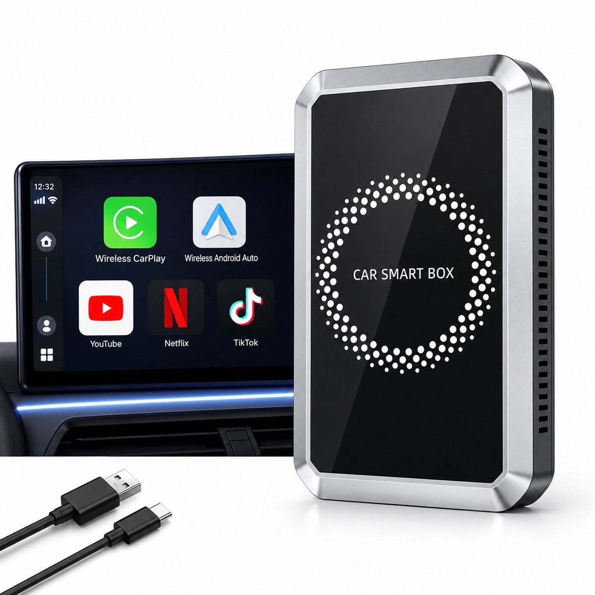 Brosendaal CarPlay Box – Draadloze CarPlay en Android Auto Dongle – Stream Youtube en Netflix in de Auto – 4-in-1 met HDMI Output