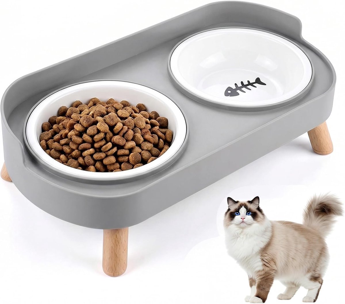 KZQ Kattenbak - Dubbellaagse roestvrijstalen kattenbak - Met standaard en spatdeksel - Grote antislip voerbak - Geschikt voor katten en kleine honden - 32.5 × 17 × 10cm - Keramische uitvoering