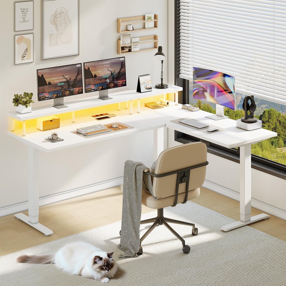 SnelShoppen - Hoogte Verstelbaar Hoekbureau Elektrisch 150 x 120 cm met Monitorhouder, L-vormig Computerbureau met Stopcontacten en LED, Wit voor Thui