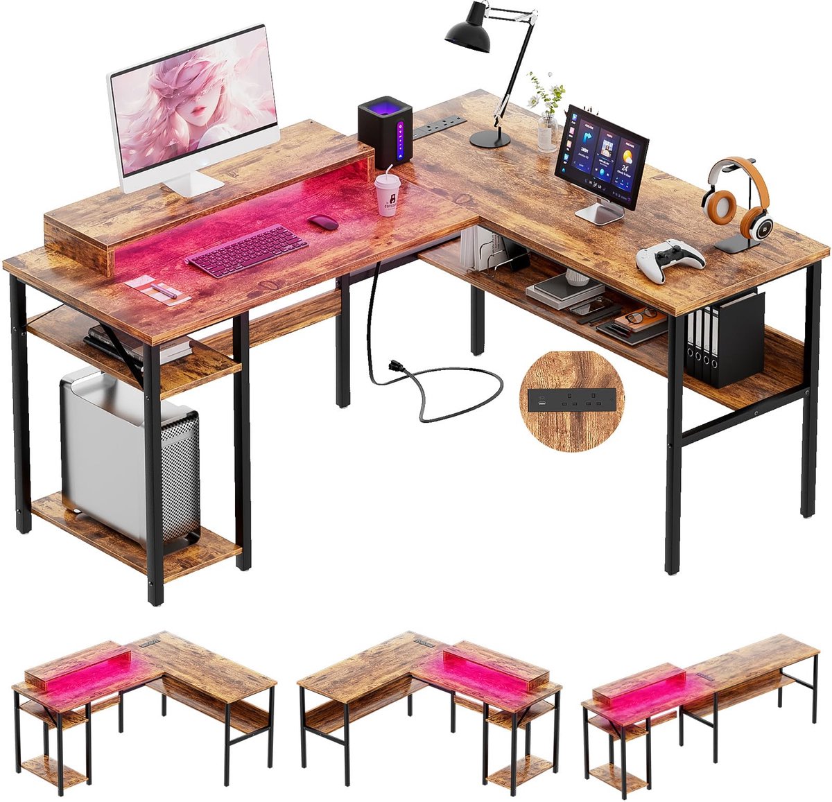 SnelShoppen - iSunirm Gaming-bureau L-vormig met LED-licht, Hoekcomputerbureau met Monitorstandaard en Legplanken voor Gaming, Studio en Thuiswerk