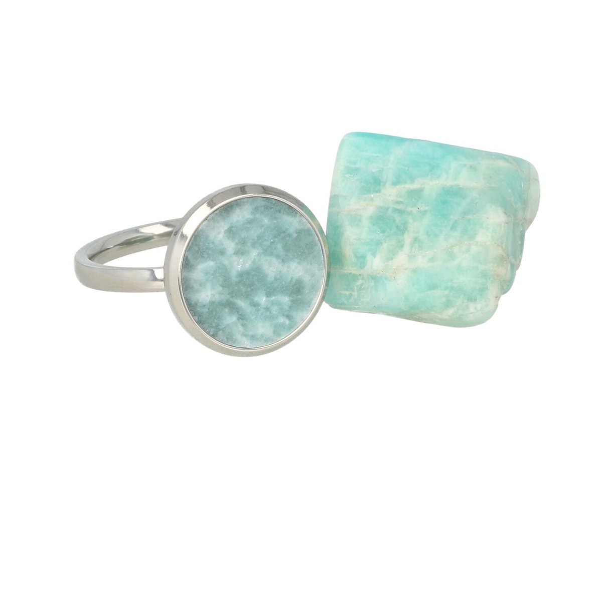 My Bendel - Amazonieten Zilverkleurige Ring met Echte Edelsteen - met Luxe Cadeauverpakking | Sieraden Voor Dames | Maat 17.00 Mm / Maat 53