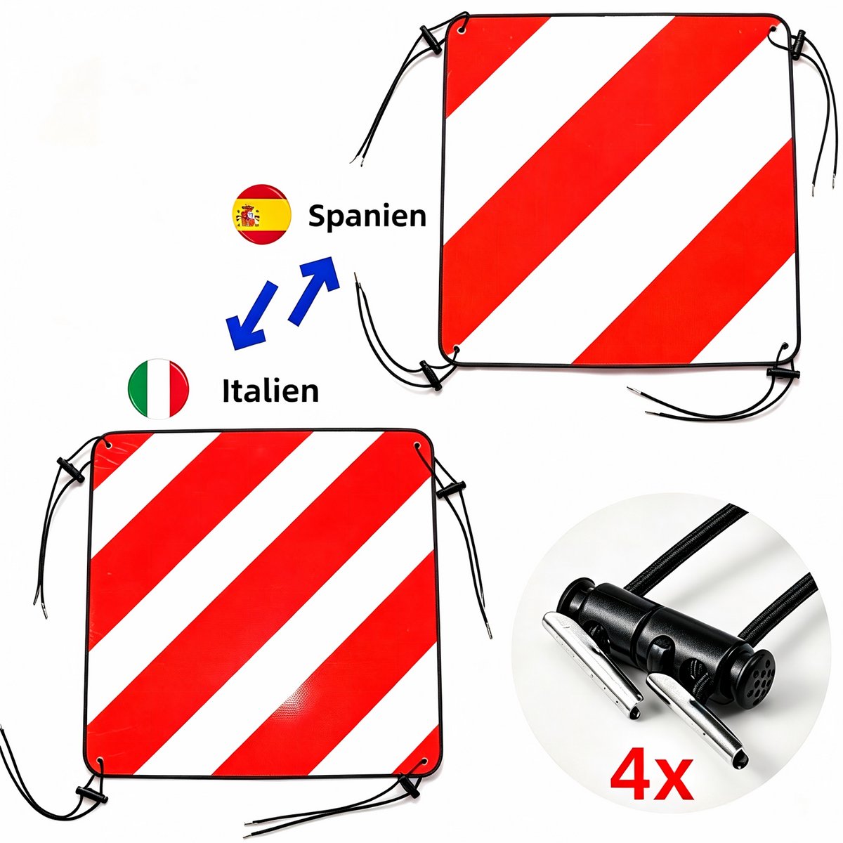 Markeringsbord 2-in-1 voor Italië, Spanje - Reflecterend Dubbelzijdig Waarschuwingsbord - 50x50 cm - Inclusief 4 Bevestigingssets
