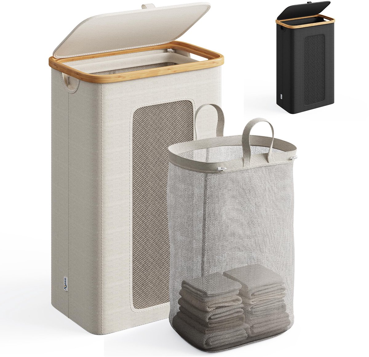 SnelShoppen - Klyvvo Wasmand met Deksel 100 Liter - Bamboeframe en 600D Waterdichte Oxford-Stof - Smalle Wasverzamelaar voor Slaapkamer en Badkamer -