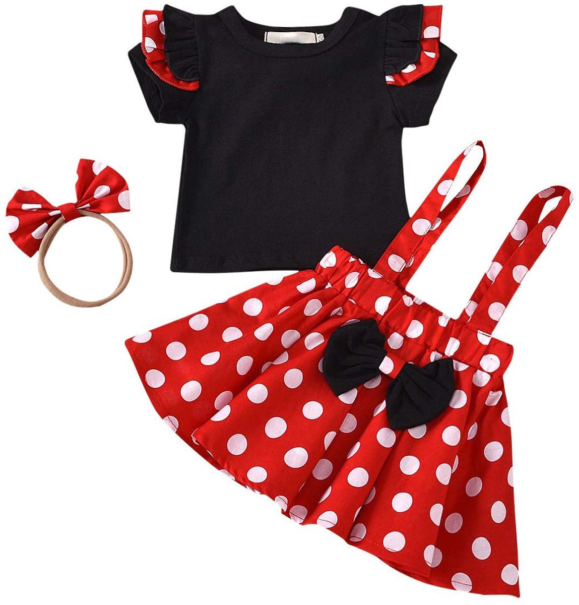 SnelShoppen - Peuter Baby Meisjes Stippen Algehele Rok Prinses Jurk Korte Mouw Ruche Top Hoofdband Zomer Kleding Set Rood 80 6-12 maanden Feest Kledin