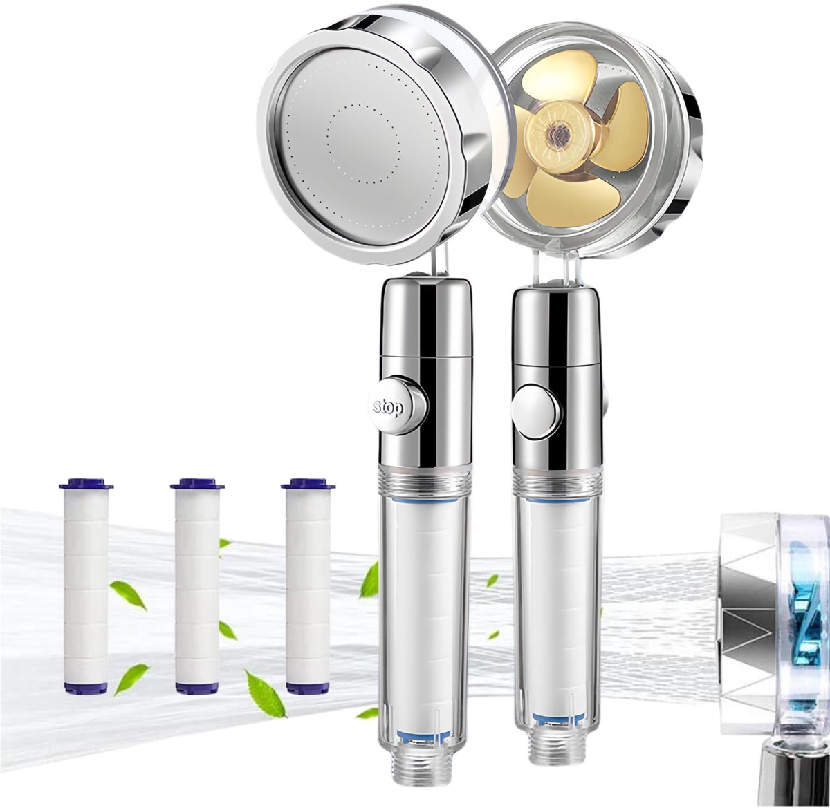 SnelShoppen - Waterbesparende douchekop - Propeller handdouche met filter - Draaibare spaardouchekop met stopfunctie - Anti-kalk goud - Perfect voor b