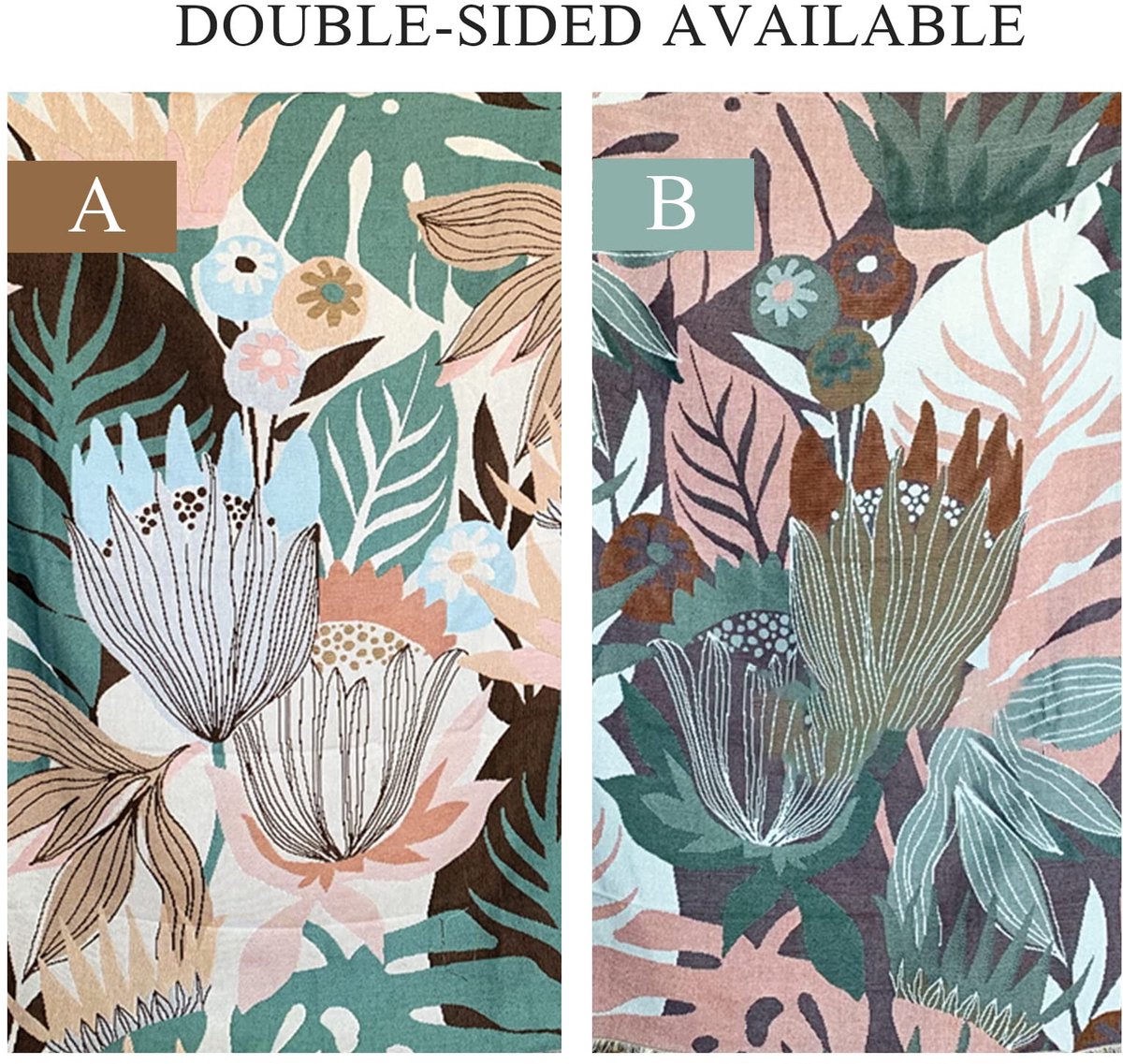 SnelShoppen - Dubbelzijdige katoenen geweven deken 160 x 130 cm jungle Boheemse stijl met kwastjes multifunctionele wandtapijt sjaal decoratieve plaid