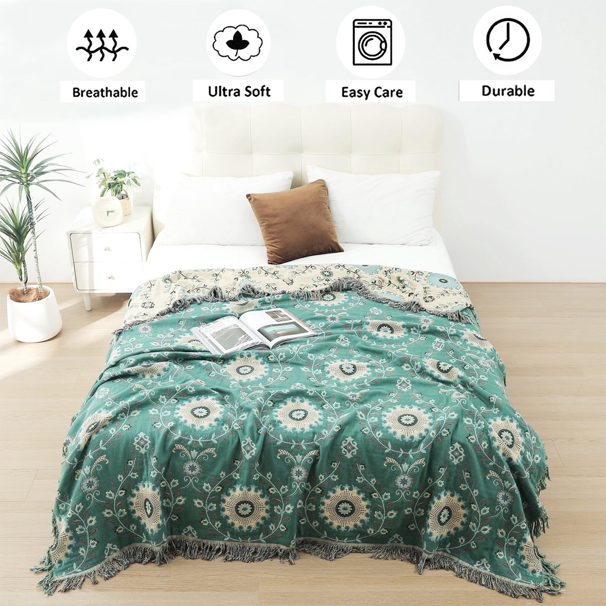 SnelShoppen - Dubbelzijdige bankdeken voor 2- en 3-zits banken met bloemenpatroon, 100% biologisch katoen, zacht en warm, bohemian deken 230 x 250 cm,