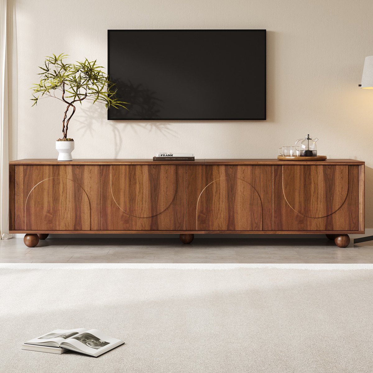 VVBV Retro TV-Meubel 180 cm - Walnoot Lowboard met 4 Push-to-Open Deuren, Halfrond Reliëf,