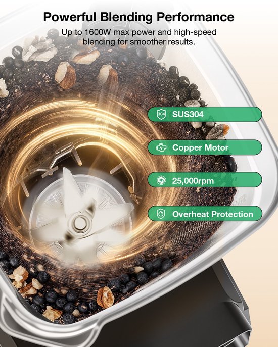 BlitzHome BH-200D Professionele Blender 1600W - 2L BPA-vrije Blenderkan - 9 Snelheden - Timer 1-5 min - Smoothies, Soep, IJs Crushen & Noten - Zwart van BlitzHome — afbeelding 4