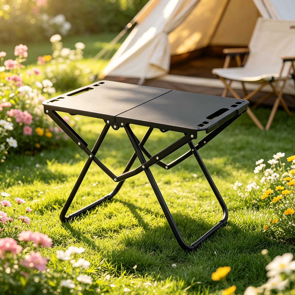 Opklapbare metalen barbecuetafel 58x36x40 cm lichtgewicht draagbare campingtafel met opbergtas geschikt voor buiten kamperen picknick en barbecue zwart