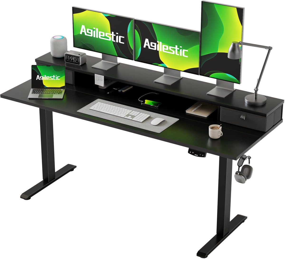 SnelShoppen - In hoogte verstelbaar bureau zwart, elektrische computertafel met geheugenfunctie, 160 x 60 cm, kantoor- en thuisbureau met twee laden
