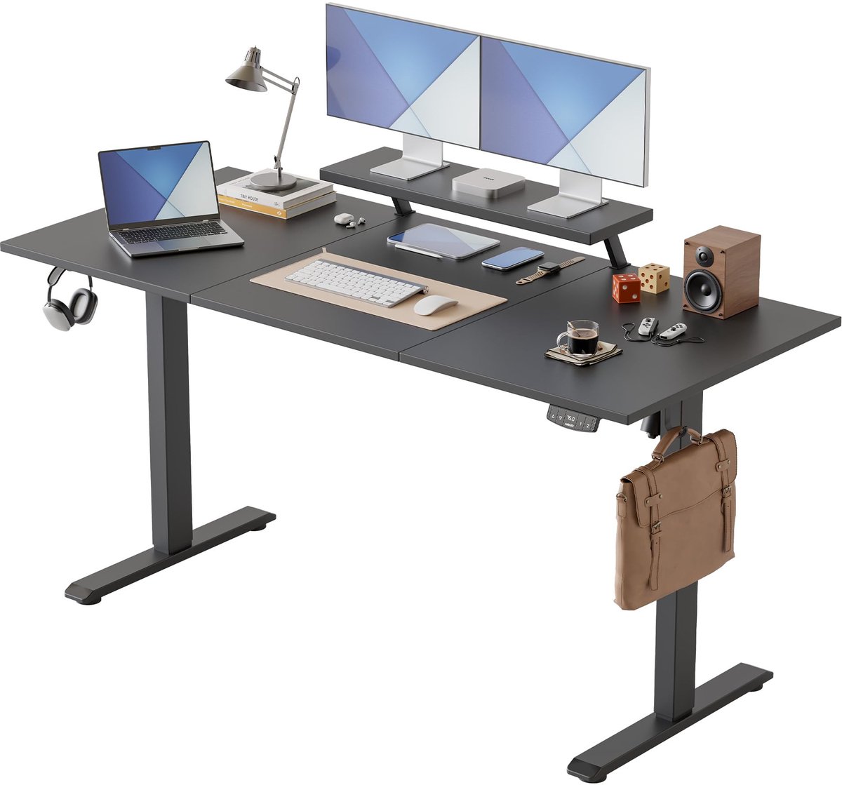 SnelShoppen - Elektrisch in Hoogte Verstelbaar Bureau 160x60 cm, Sta Bureau met Beweegbare Monitorstandaard, 2 Geheugentoetsen, 3-delig Tafelblad, Zwa